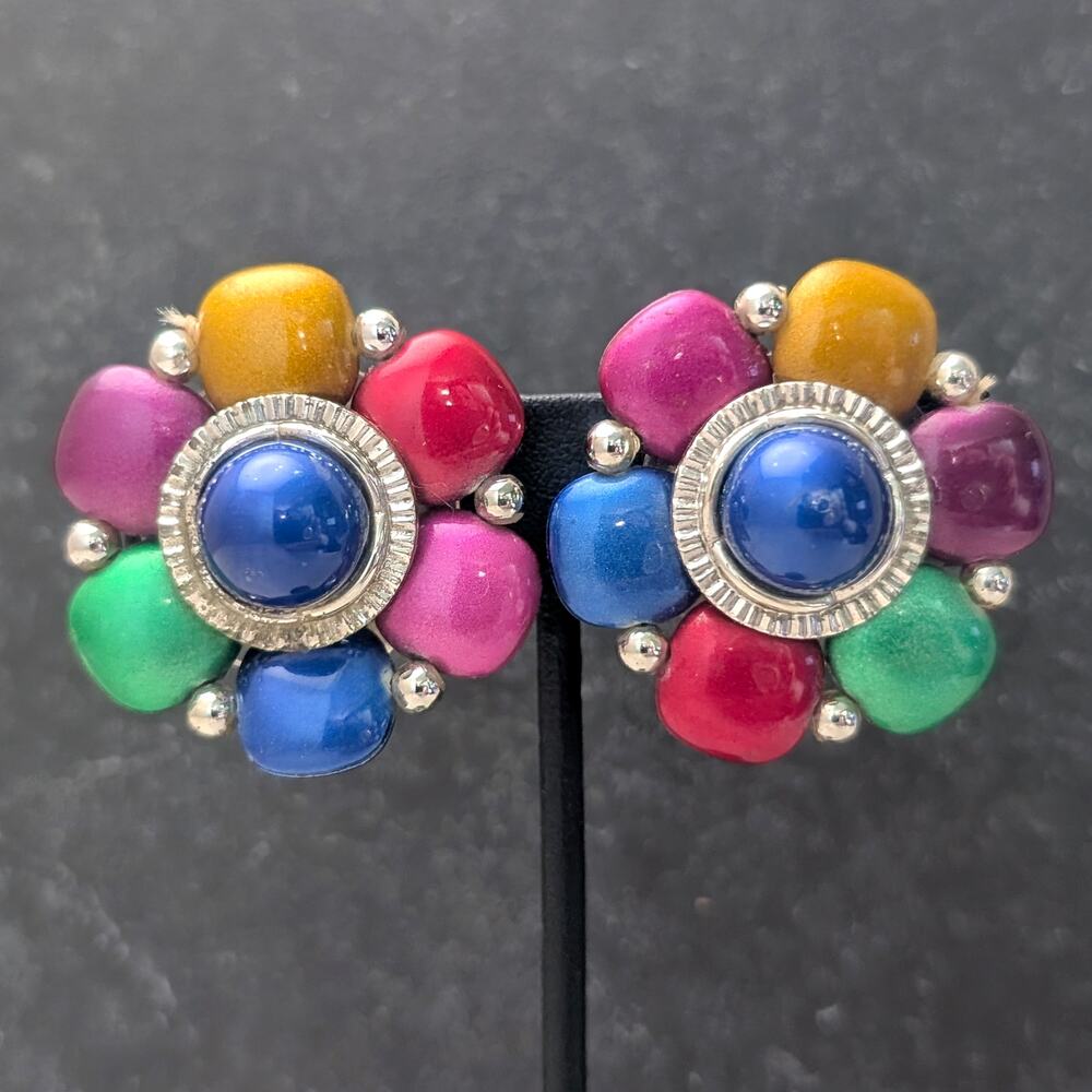 Vintage Clip On Earrings Very Large Multi Colored Flower Like Statement Colorful